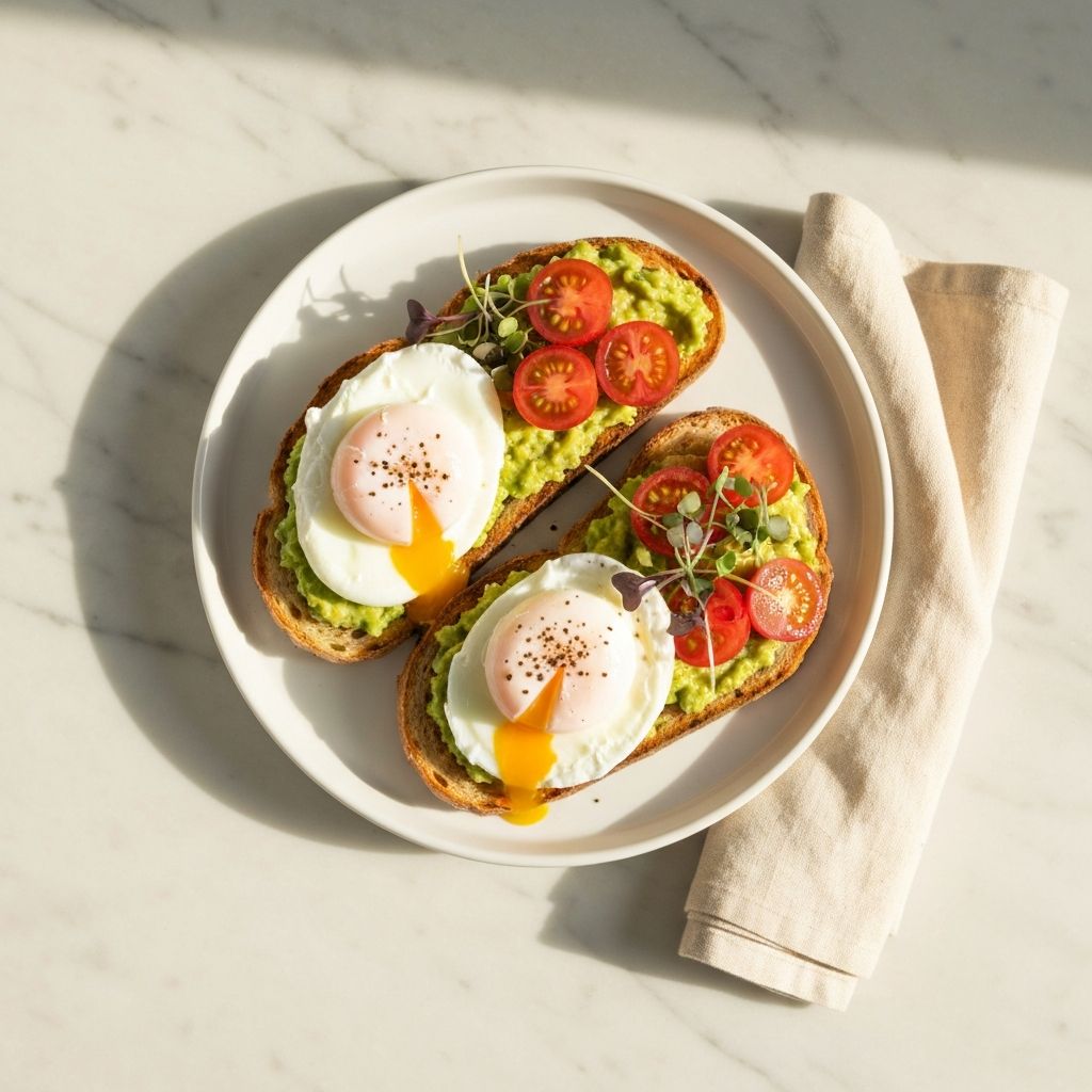Poached eggs with smashed avocado on sourdough toast with microgreens at Cafe T.A.N.K