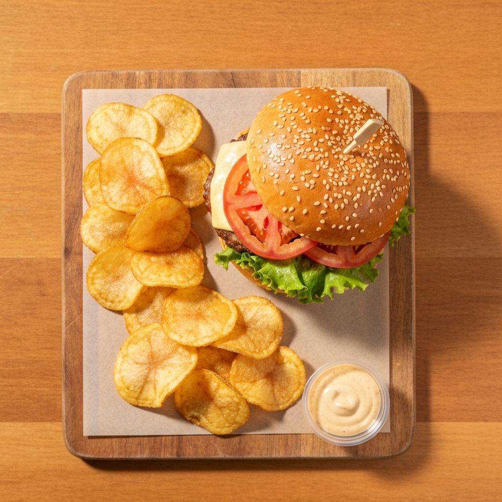 A classic café burger with golden sesame bun, fresh lettuce, tomato and chips at Cafe T.A.N.K