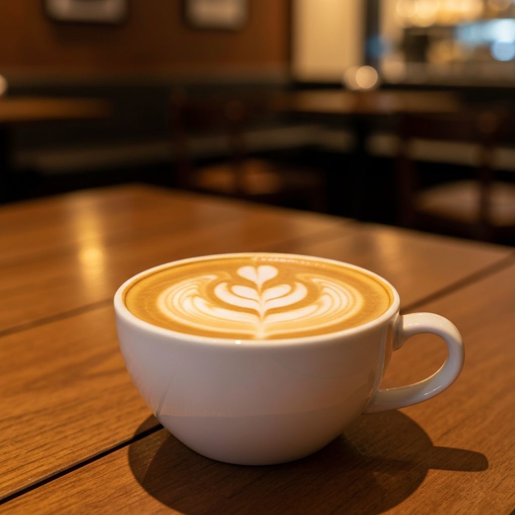 A beautifully poured latte with rosetta art in a white ceramic cup at Cafe T.A.N.K